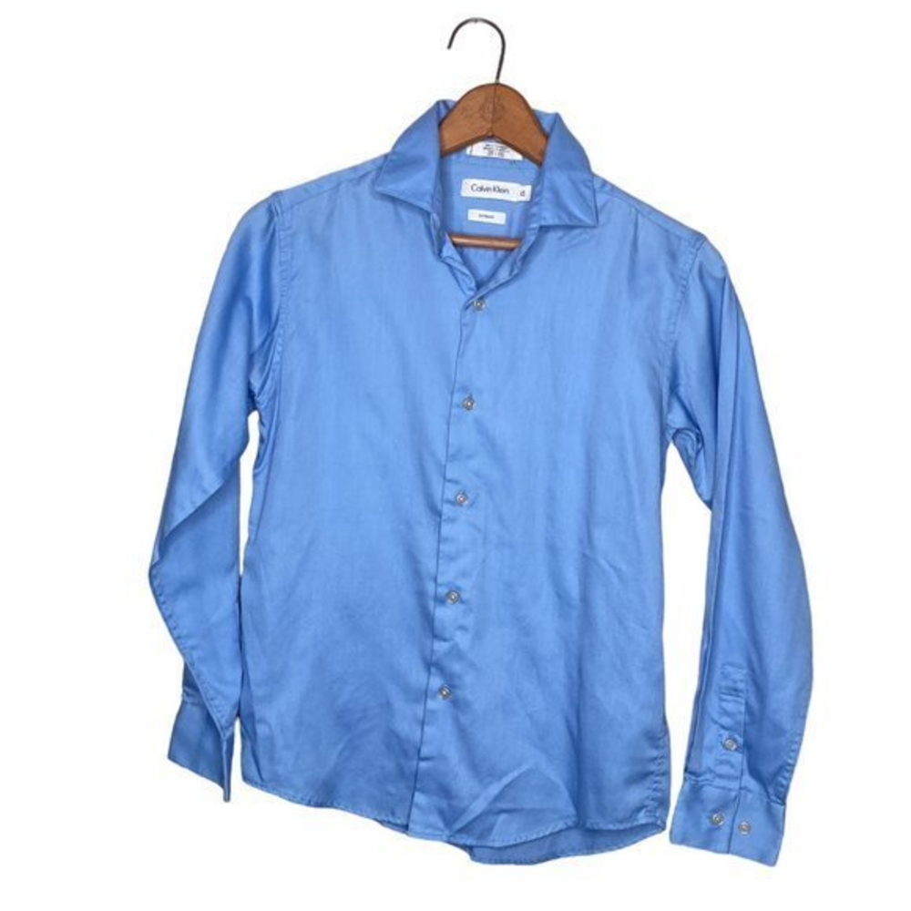 Calvin Klein Boys‎ Size 12 Cotton Blend Sateen Blue Long Sleeve Dress Shirt